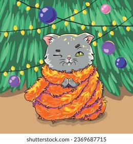 A cartoon cat sits tangled in tinsel. Square New Year vector illustration. Funny cat sitting on the background of a decorated Christmas tree.
