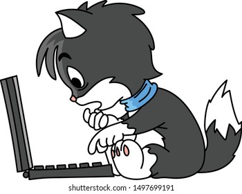 Cartoon cat sitting by the computer trying to solve an error vector illustration