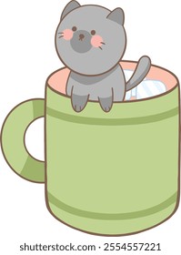 a cartoon cat sitting in a cup on a transparent background