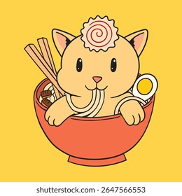 Cartoon Cat Sitting Inside Ramen Bowl While Eating
