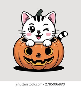 Cartoon cat sitting in jack o lantern pumpkin Halloween vector illustration isolated on white background