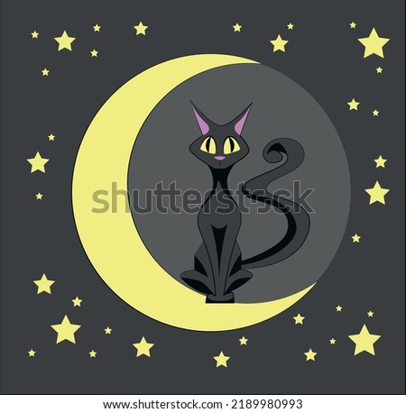 Cartoon cat sitting on the moon. Night dream. Misterious and enigmatic. Flat vector.