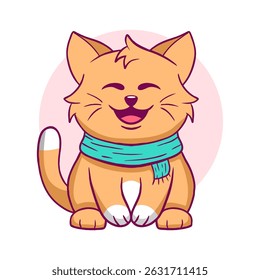 Cartoon cat is sitting on a pink background with a blue scarf around its neck. The cat is smiling and he is happy
