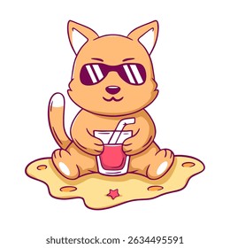 Cartoon cat is sitting on the sand with a glass of juice in its paw. The cat is wearing sunglasses and he is enjoying a sunny day
