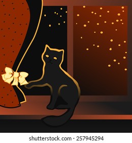 Cartoon cat sitting on a windowsill and plays a ton bow of curtains.