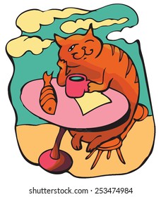 Cartoon cat sitting at the table, colored vector illustration 