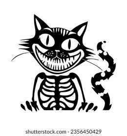 Cartoon cat skeleton with a grin, black silhouette on a transparent background