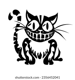 Cartoon cat skeleton with a grin, black silhouette on a transparent background, stencil, tattoo