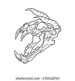 Cartoon cat skull with horns and teeth isolated on white background. Fantasy skeleton animal head from hell. Illustration for game avatar or profile picture. Blank line art for coloring book and page.