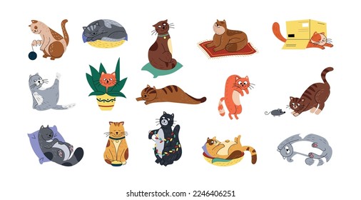 Cartoon cat sleep and playing, doodle drawing animal pets. Cute funny stickers collection, happy hand drawn kitty sit in basket, friend hiding in box. Vector illustration tidy isolated set