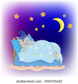 cartoon cat sleeping in a bed with a pillow and a blanket under the moon and stars