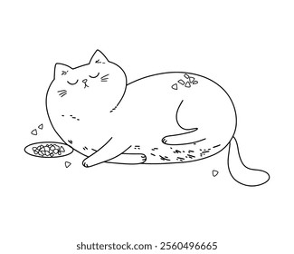 Cartoon Cat Sleeping with Food Nearby for a Peaceful Pet Theme Illustration. Vector illustration