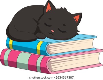 Cartoon Cat Sleeping On Books Vector