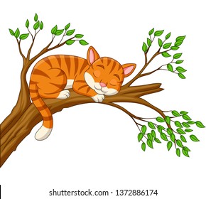 Cartoon cat sleeping on the branch