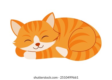 A cartoon cat is sleeping on a white background. The cat is orange and has a smile on its face