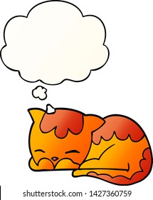 gato de dibujos animados durmiendo con burbuja de pensamientos en un estilo de gradiente suave