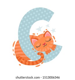 Cartoon cat sleeps on the letter C. Vector illustration on a white background.