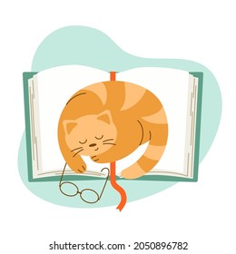 Cartoon cat sleeps on an open book. Reading literature. The concept of the character. Vector illustration in a flat style. Drawing for clothes, covers, posters, stickers.