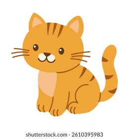 A cartoon cat with a smile on its face is sitting on a white background. The cat is orange and has stripes