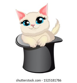 Cartoon cat smiling and looking at you in black magic hat. Cute cartoon cat. Vector illustration.EPS10