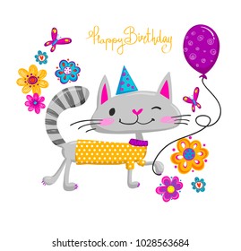 cartoon cat smiling, walk in yellow sweater with dots seamless pattern, on had blue cone celebrated hat. Decorative flowers, fly butterflies. hand written text Happy birthday. Holidays celebrate 