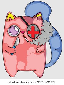 cartoon cat smoking with knife in hand with one eye closed