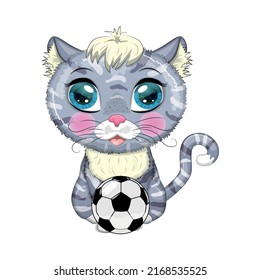 Cartoon cat with a soccer ball. Summer, vacation. Cute child character, symbol of 2023 new chinese year.