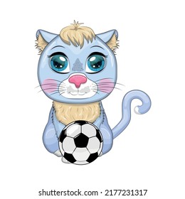 Cartoon cat with a soccer ball. Summer, vacation. Cute child character, symbol of 2023 new chinese year.