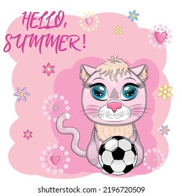 Cartoon cat with a soccer ball. Summer, vacation. Cute child character, symbol of 2023 new chinese year.