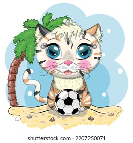 Cartoon cat with a soccer ball. Summer, vacation. Cute child character, symbol of 2023 new chinese year.