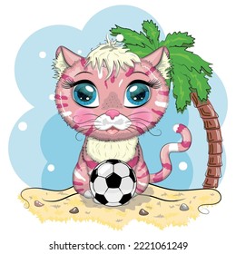 Cartoon cat with a soccer ball. Summer, vacation. Cute child character, symbol of 2023 new chinese year.