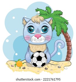 Cartoon cat with a soccer ball. Summer, vacation. Cute child character, symbol of 2023 new chinese year.