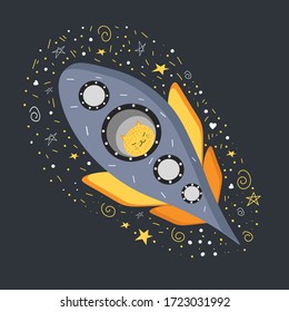 Cartoon cat in a spaceship. Vector isolated illustration of space, stars, animals, spacecraft on a dark background. Cartoon style. Space with a pet. Cat in a space suit in the style of Cartoon. 