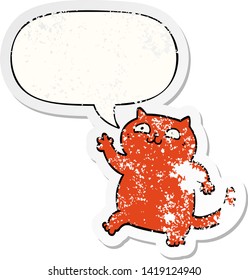 gatito de dibujos animados con burbuja de habla angustiado viejo pegatina