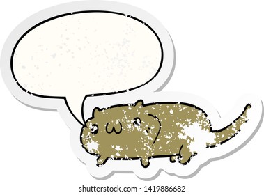 Cartoon-Katze mit Sprachblase bedrückte alte Aufkleber