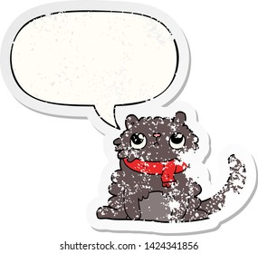 gatito de dibujos animados con burbuja de habla angustiado viejo pegatina