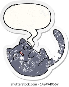 gatito de dibujos animados con burbuja de habla angustiado viejo pegatina