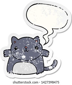 Cartoon-Katze mit Sprachblase bedrückte alte Aufkleber