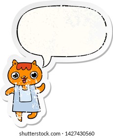 gatito de dibujos animados con burbuja de habla angustiado viejo pegatina