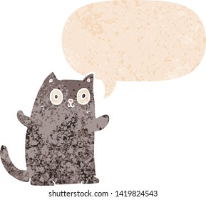 cartoon cat with speech bubble in grunge distressed retro textured style