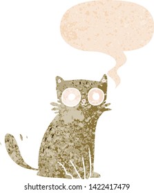 cartoon cat with speech bubble in grunge distressed retro textured style