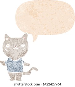 cartoon cat with speech bubble in grunge distressed retro textured style