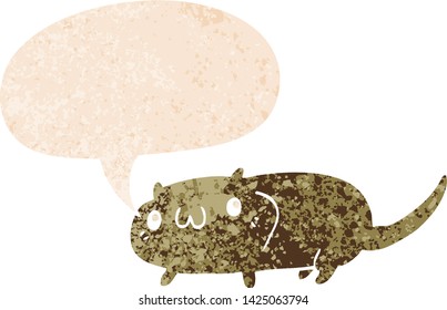 cartoon cat with speech bubble in grunge distressed retro textured style