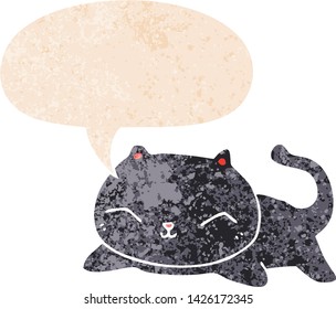 Cartoon-Katze mit Sprachblase im brüchigen Retro-Stil