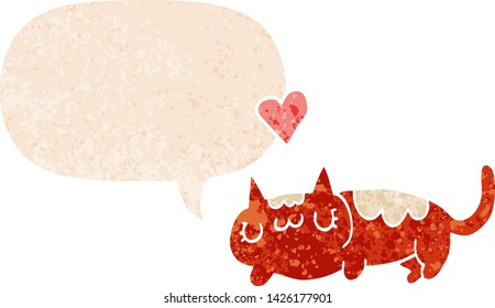 gatito de dibujos animados con burbuja de habla en un estilo retro angustiado con textura grunge