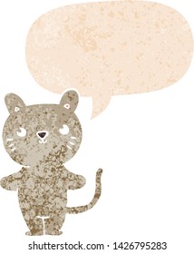 gato de desenho animado com balão de fala em estilo texturizado retro angustiado grunge