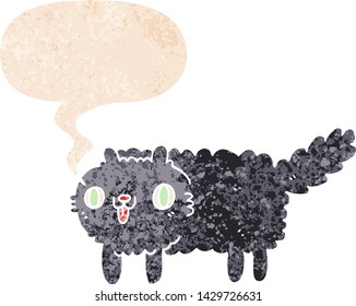 cartoon cat with speech bubble in grunge distressed retro textured style