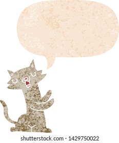 gatito de dibujos animados con burbuja de habla en un estilo retro angustiado con textura grunge