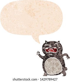 Cartoon-Katze mit Sprachblase im brüchigen Retro-Stil