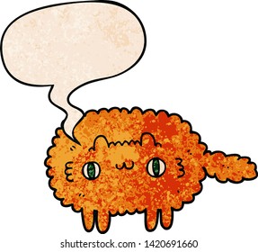 cartoon cat with speech bubble in retro texture style